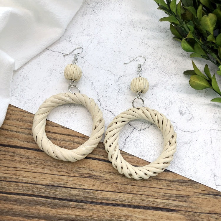 1 Pair Simple Style Geometric Mixed Materials Rattan Drop Earrings