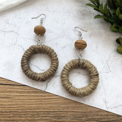 1 Pair Simple Style Geometric Mixed Materials Rattan Drop Earrings