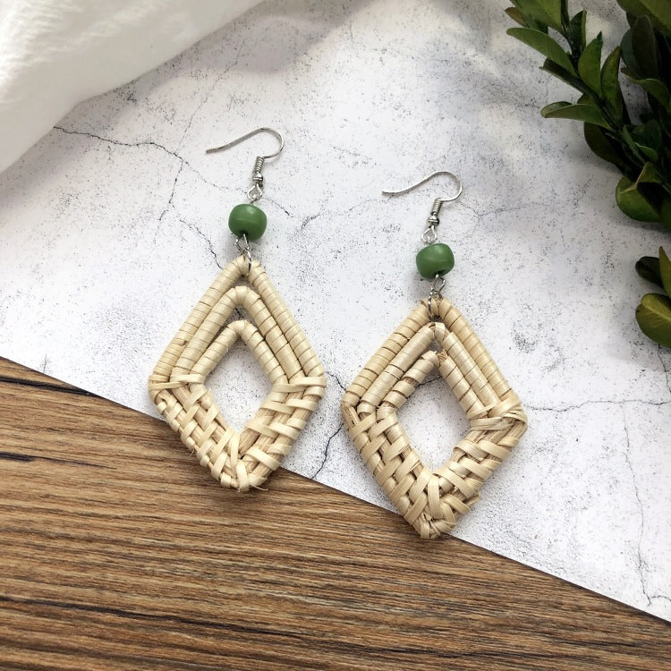 1 Pair Simple Style Geometric Mixed Materials Rattan Drop Earrings