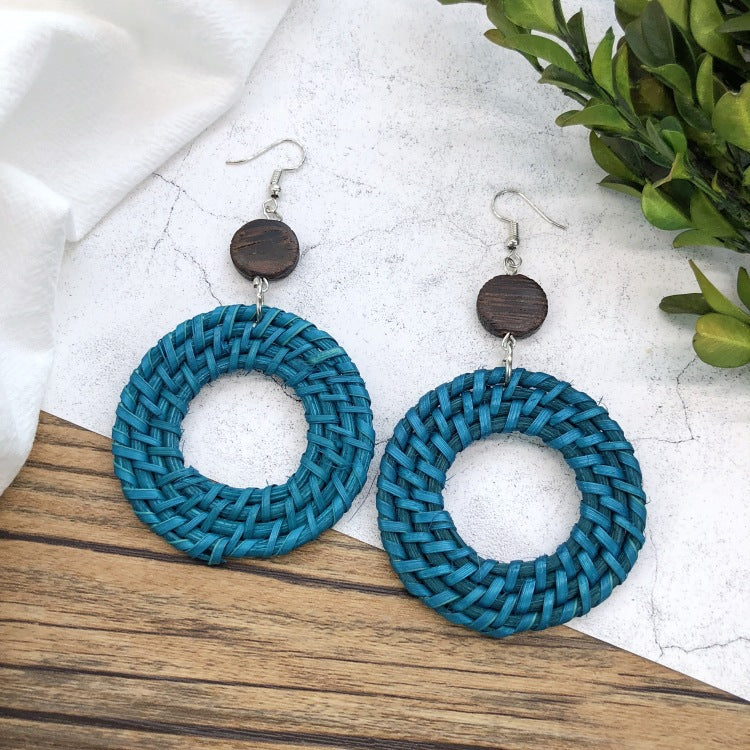 1 Pair Simple Style Geometric Mixed Materials Rattan Drop Earrings