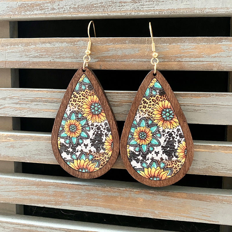 1 Pair Commute Water Droplets Printing Wood Drop Earrings