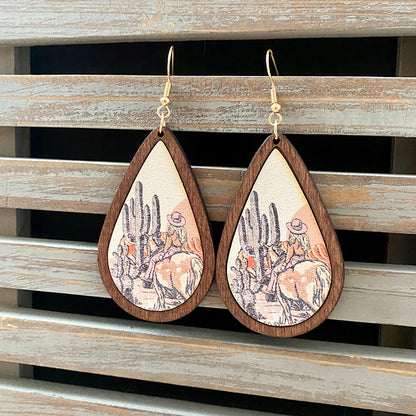 1 Pair Commute Water Droplets Printing Wood Drop Earrings