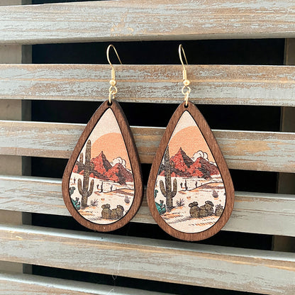 1 Pair Commute Water Droplets Printing Wood Drop Earrings