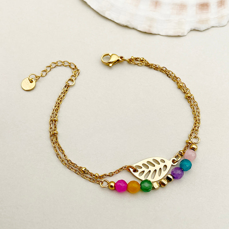 Elegant Sweet Simple Style Leaves Stainless Steel Artificial Crystal Beaded Layered Plating Gold Plated Bracelets