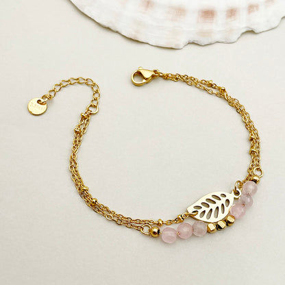 Elegant Sweet Simple Style Leaves Stainless Steel Artificial Crystal Beaded Layered Plating Gold Plated Bracelets