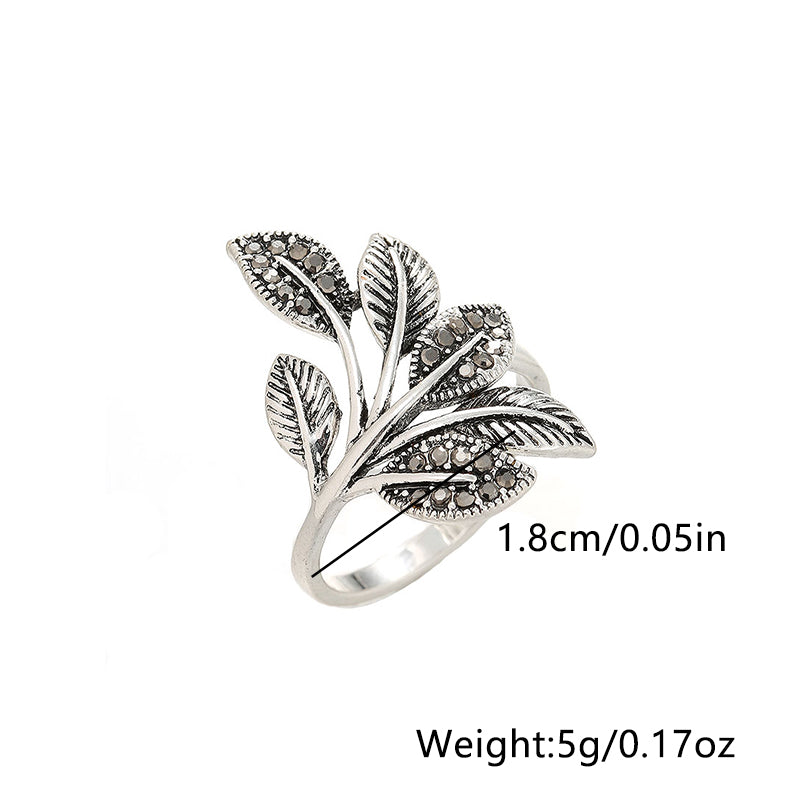 Antique Silver Elegant Leaf Inlay Zircon Open Rings