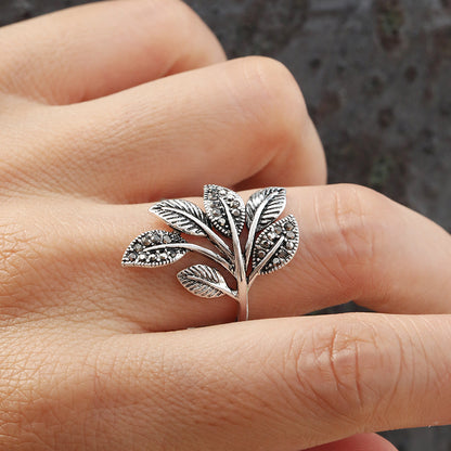 Antique Silver Elegant Leaf Inlay Zircon Open Rings