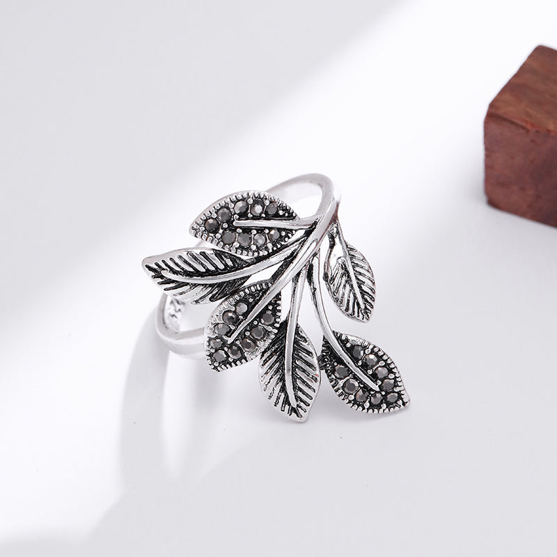 Antique Silver Elegant Leaf Inlay Zircon Open Rings