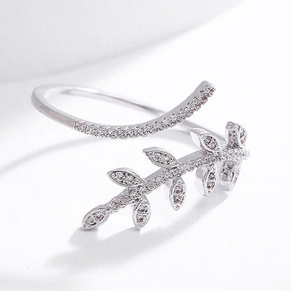 Antique Silver Elegant Leaf Inlay Zircon Open Rings