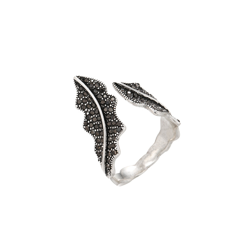 Antique Silver Elegant Leaf Inlay Zircon Open Rings