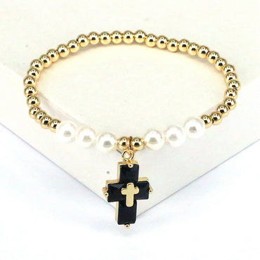 Basic Cross Copper Plating Inlay Pearl Zircon Bracelets