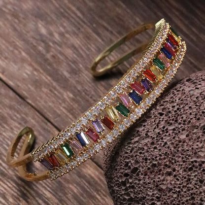 Simple Style Rectangle Copper Inlay Zircon Cuff Bracelets