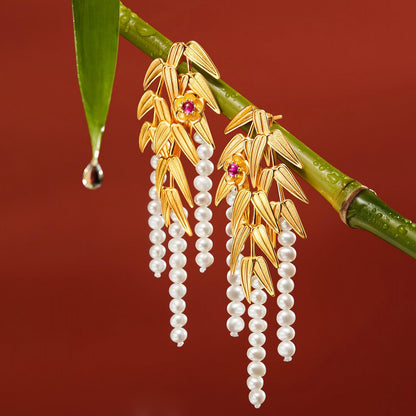 1 Pair Korean Style Leaves Inlay Alloy Pearl Drop Earrings