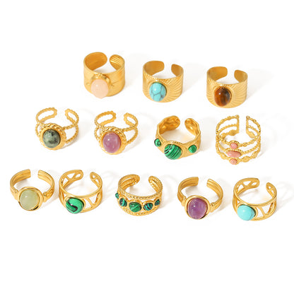 Basic Vintage Style Round Stainless Steel Plating Inlay Natural Stone 18k Gold Plated Open Rings