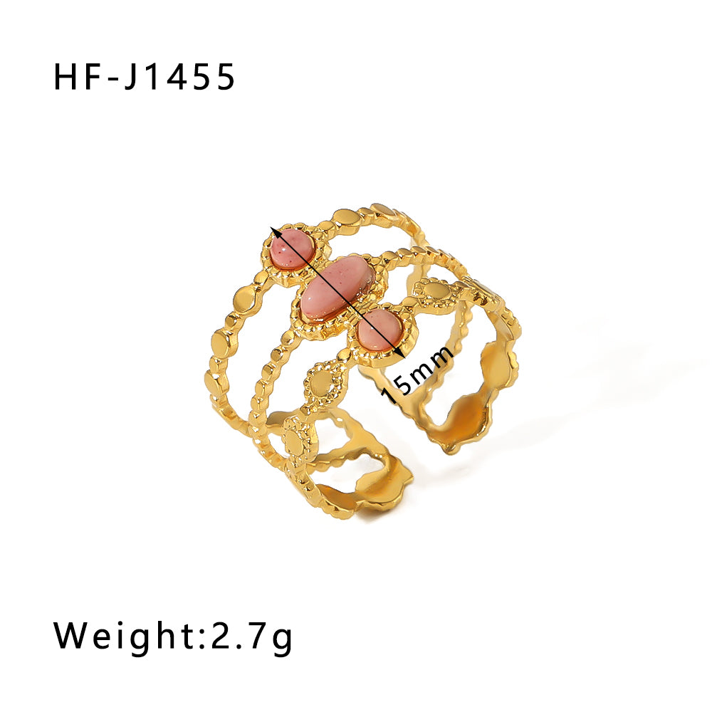 Basic Vintage Style Round Stainless Steel Plating Inlay Natural Stone 18k Gold Plated Open Rings