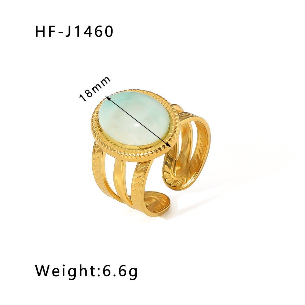 Basic Vintage Style Round Stainless Steel Plating Inlay Natural Stone 18k Gold Plated Open Rings