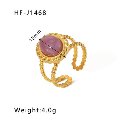 Basic Vintage Style Round Stainless Steel Plating Inlay Natural Stone 18k Gold Plated Open Rings