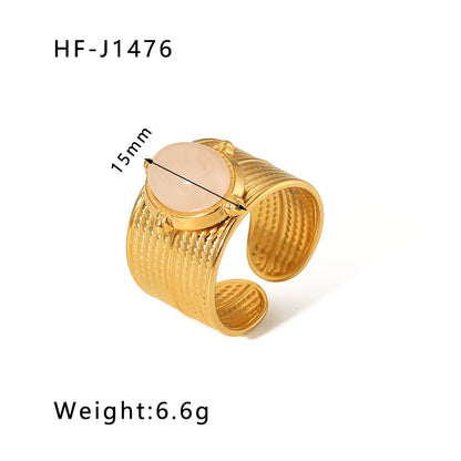 Basic Vintage Style Round Stainless Steel Plating Inlay Natural Stone 18k Gold Plated Open Rings