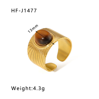 Basic Vintage Style Round Stainless Steel Plating Inlay Natural Stone 18k Gold Plated Open Rings