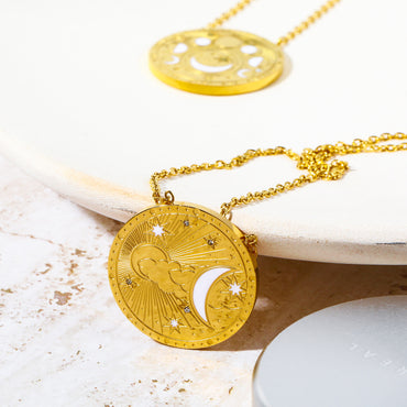 Retro Simple Style Round Devil's Eye Moon Titanium Steel Enamel Plating 18k Gold Plated Pendant Necklace