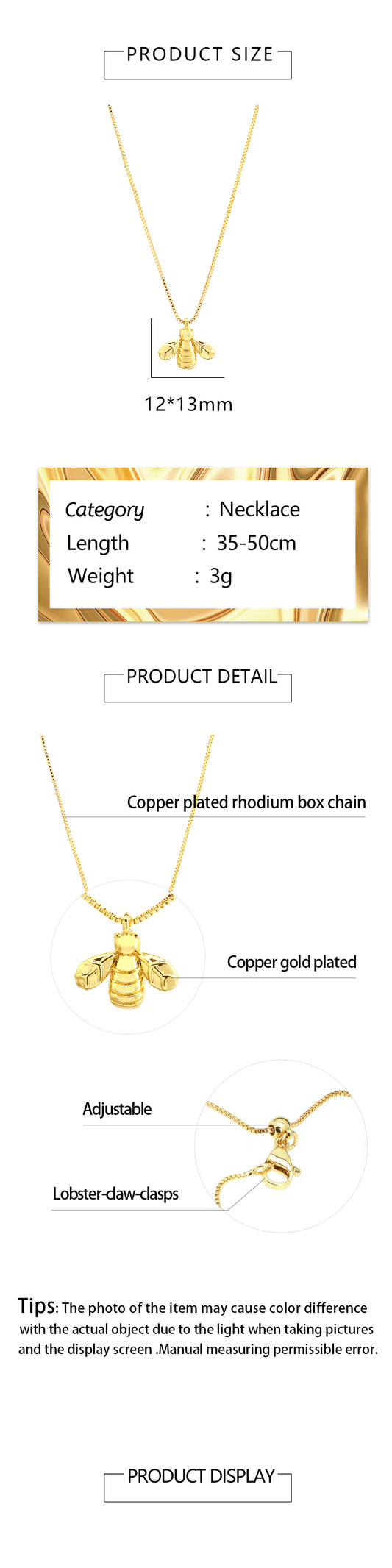 Basic Simple Style Streetwear Bee Copper 18k Gold Plated Pendant Necklace In Bulk