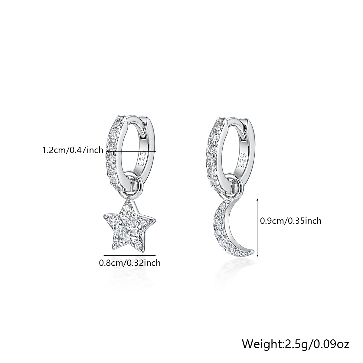 1 Pair Elegant Sweet Star Moon Heart Shape Inlay Sterling Silver Zircon White Gold Plated Drop Earrings Ear Studs