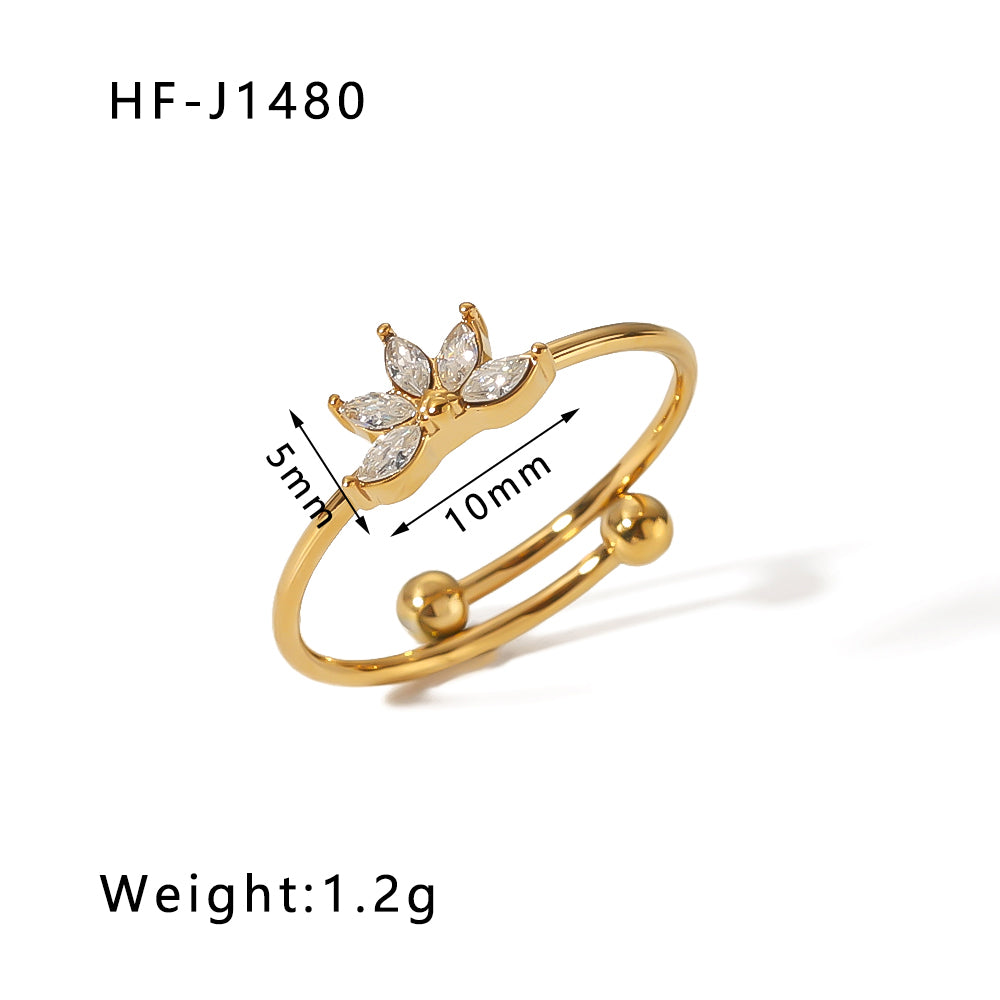 Ig Style Flower Stainless Steel Plating Inlay Zircon 18k Gold Plated Open Rings