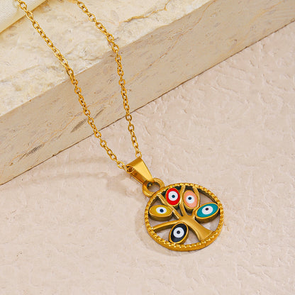 Commute Devil's Eye Tree Stainless Steel Enamel Plating 18k Gold Plated Necklace