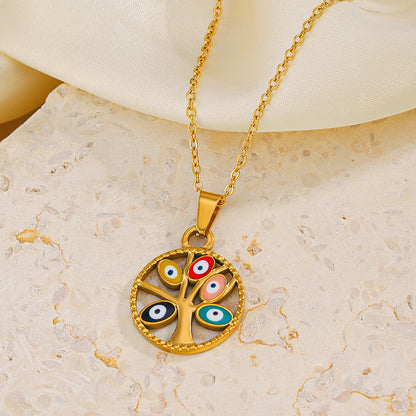 Commute Devil's Eye Tree Stainless Steel Enamel Plating 18k Gold Plated Necklace