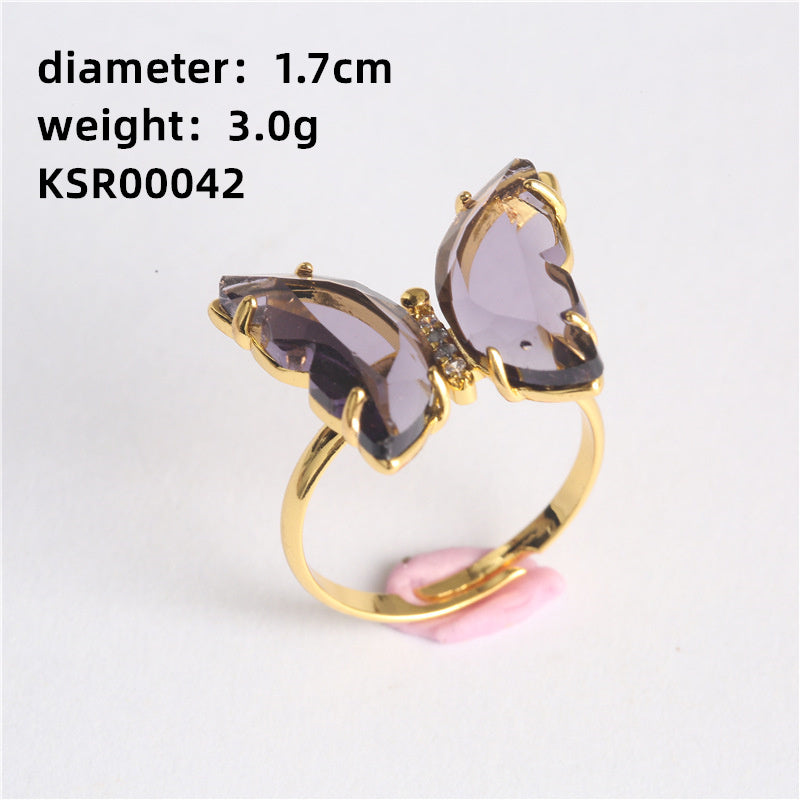 Casual Vintage Style Butterfly Copper Butterfly Inlay Glass Open Rings