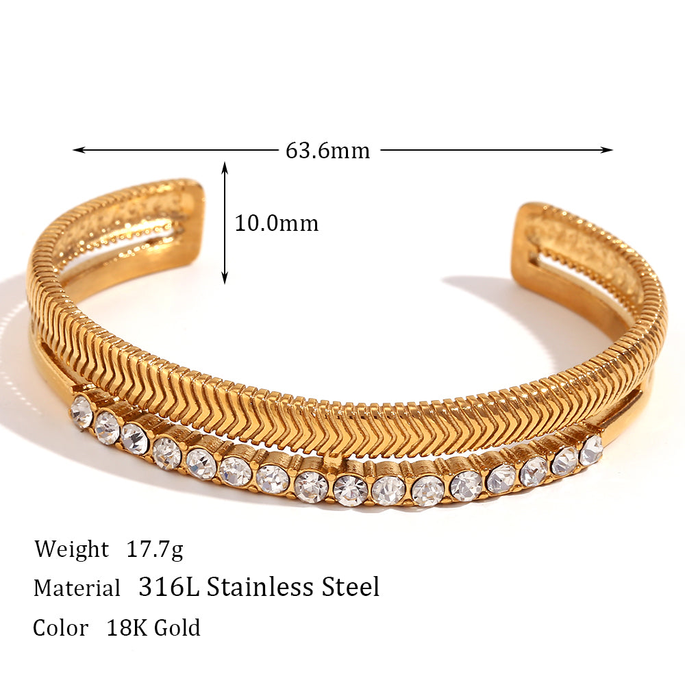 Basic Simple Style Classic Style Solid Color Stainless Steel 18k Gold Plated Rhinestones Cuff Bracelets In Bulk