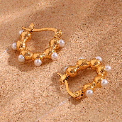 1 Pair Basic Simple Style Classic Style Irregular Plating Inlay Stainless Steel Artificial Pearls 18k Gold Plated Hoop Earrings