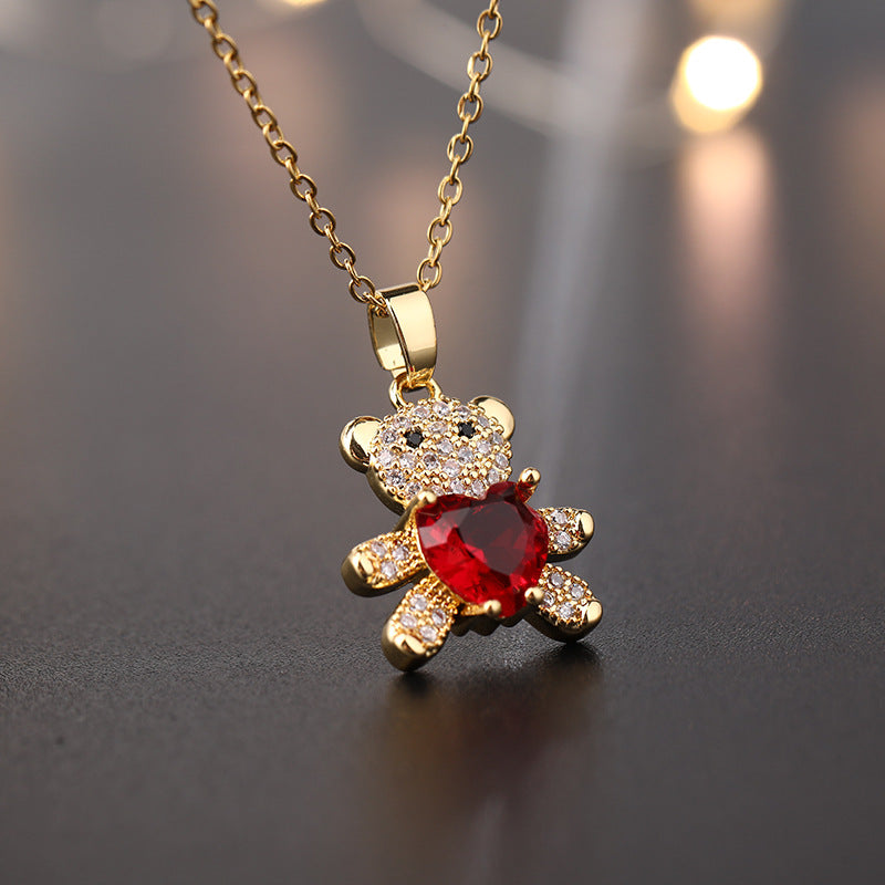 Cartoon Style Little Bear Copper Inlay Zircon Pendant Necklace