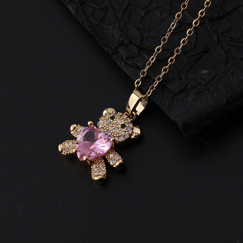 Cartoon Style Little Bear Copper Inlay Zircon Pendant Necklace