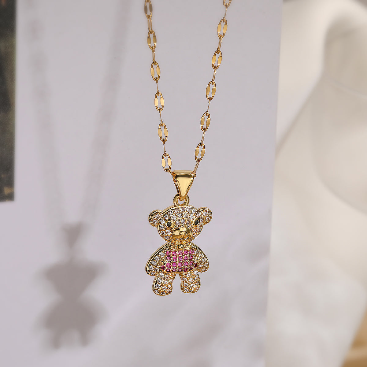 Cute Basic Little Bear Copper 18k Gold Plated Zircon Pendant Necklace In Bulk