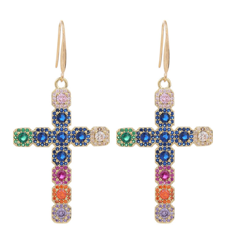 1 Pair Retro Cross Inlay Copper Zircon Drop Earrings