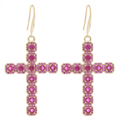 1 Pair Retro Cross Inlay Copper Zircon Drop Earrings