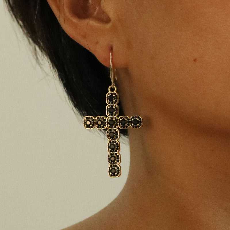 1 Pair Retro Cross Inlay Copper Zircon Drop Earrings