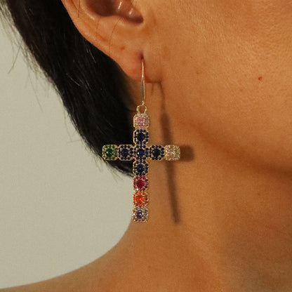 1 Pair Retro Cross Inlay Copper Zircon Drop Earrings