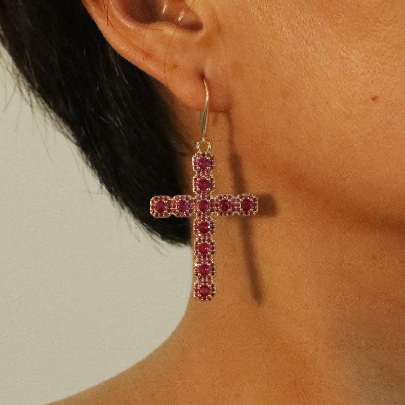 1 Pair Retro Cross Inlay Copper Zircon Drop Earrings