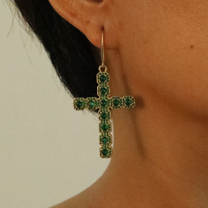 1 Pair Retro Cross Inlay Copper Zircon Drop Earrings