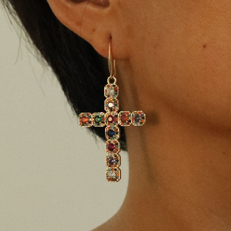 1 Pair Retro Cross Inlay Copper Zircon Drop Earrings