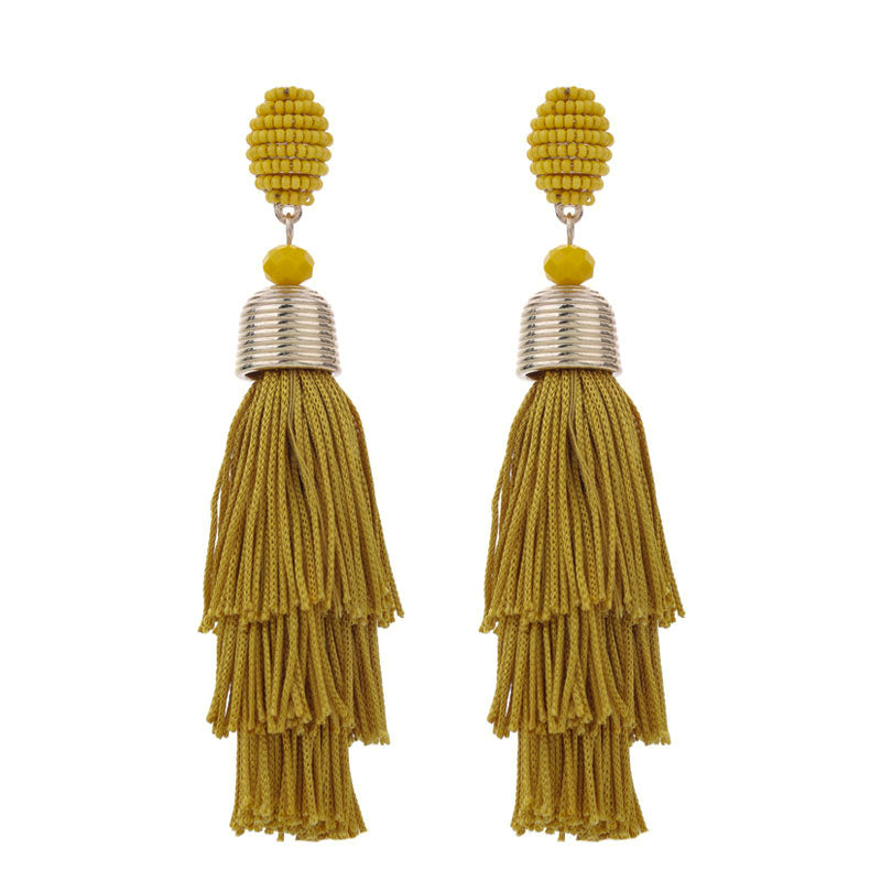 1 Pair Exaggerated Bohemian Tassel Beaded Cloth Drop Earrings