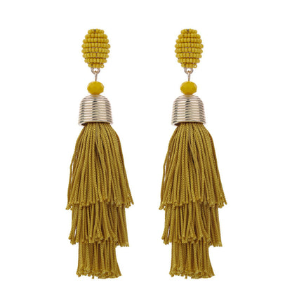 1 Pair Exaggerated Bohemian Tassel Beaded Cloth Drop Earrings