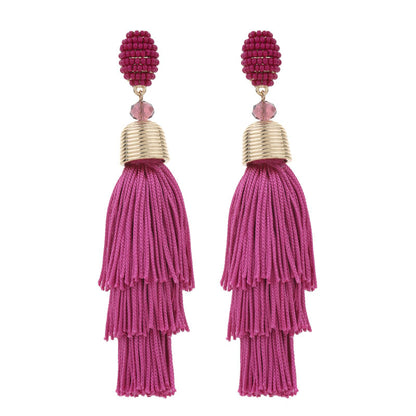 1 Pair Exaggerated Bohemian Tassel Beaded Cloth Drop Earrings