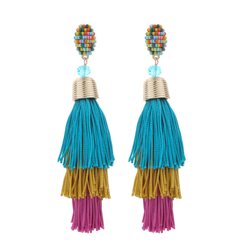 1 Pair Exaggerated Bohemian Tassel Beaded Cloth Drop Earrings