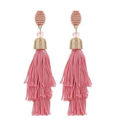 1 Pair Exaggerated Bohemian Tassel Beaded Cloth Drop Earrings