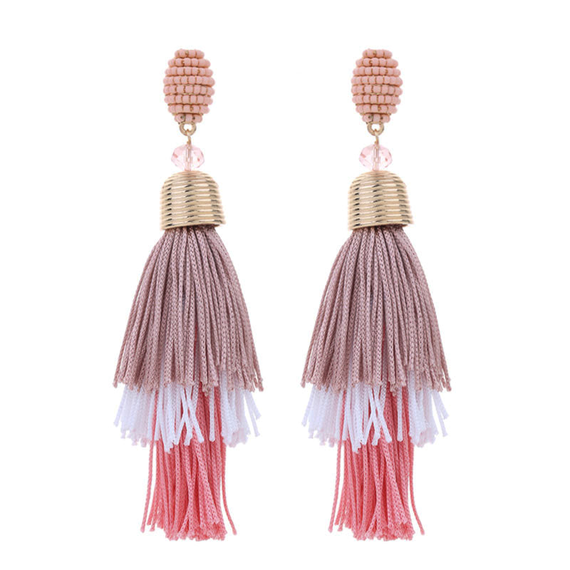 1 Pair Exaggerated Bohemian Tassel Beaded Cloth Drop Earrings