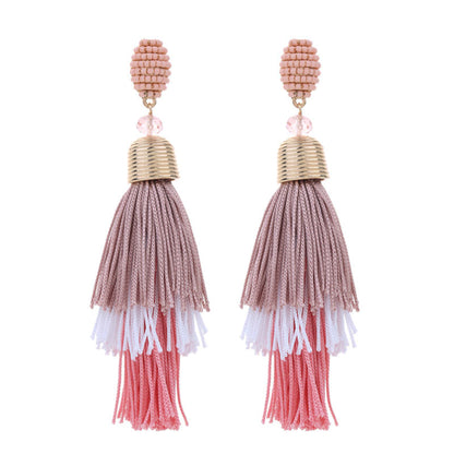 1 Pair Exaggerated Bohemian Tassel Beaded Cloth Drop Earrings