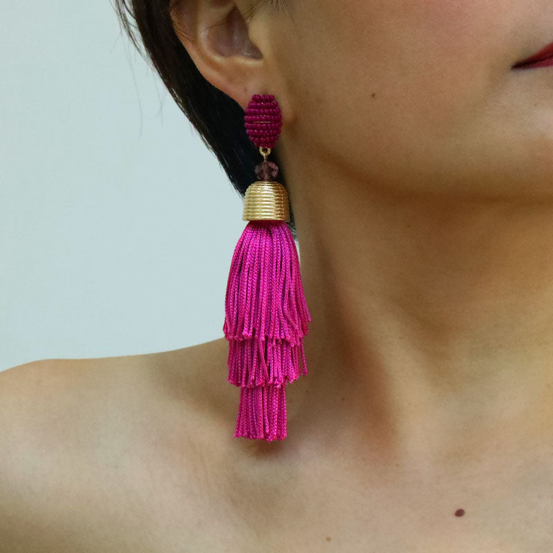 1 Pair Exaggerated Bohemian Tassel Beaded Cloth Drop Earrings